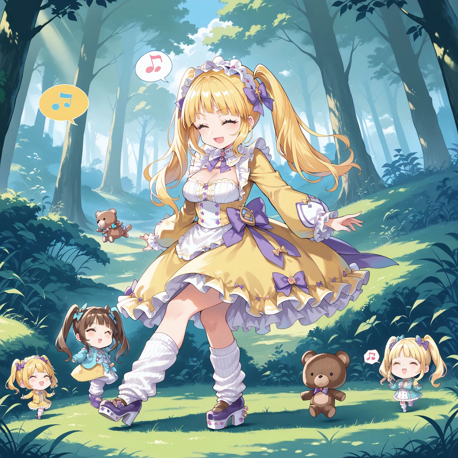 score_max, (score_9, score_8_up, score_7_up:1.0), score_6_up, official art,
, masterpiece, absurdres, high detail, 8k,
fancy, forest, grass, sunshine, from side,
multiple boys, walking, swinging, skipping, bear, teddy bear, large object, smile, closed eyes, open mouth, spoken musical note,
, (chibi:1.4), kokoa, twintails, lastmagica, headdress, hair bow, purple bow, collar, yellow dress, frilled dress, cleavage, long Sleeves, stuffed toy, stuffed animal, bandaid, teddy bear, white leg warmers, platform footwear, purple footwear
<lora:XL_Pony_MGCM-kokoa-t2:1.1>