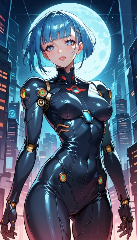 score_9, score_8_up, score_7_up, Anime Style, Cowboy Shot, cute android girl, black android, glossy black, seductive, innocent, light smile:0.3, plump lips, slender body, wearing transparent science fiction clothes, hands, breathtaking grandeur, LED internal lighting, cyberpunk style, fibre optic hair, glowing blue iris, cyborg, full moon, distopian futuristic city background, depth of field, dynamic angle, fashion photography, sharp, hyperdetailed:1.15