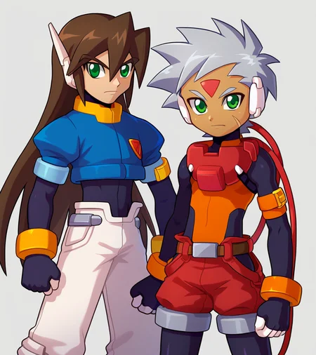 zPDXL2,<lora:vent_Grey:1>,2boys,multiple boys,robot ears,bodysuit,bodysuit under clothes,cowboy shot,bracelet,smile BREAK
vent \(mega man\),1boy,(aged up:1.1),long hair,brown hair,cropped jacket,green eyes,jacket,white pants,short sleeves,hair between eyes,clenched hand,fingerless gloves,jewelry,
BREAK grey \(mega man\),solo,green eyes,1boy,facial mark,fingerless gloves,red shorts,standing,(cable:1.1),forehead jewel,dark skin,arm belt,grey hair,belt,pantyhose,pantyhose under shorts,looking at viewer,shirt,orange shirt,(child:0.6),