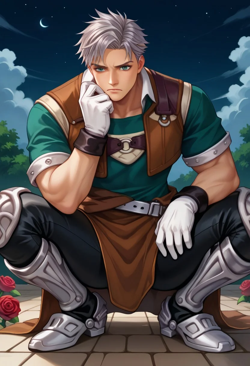 score_9, score_8_up, score_7_up, score_6_up, score_5_up, score_4_up, 1boy, close up portrait, crouching, hand on face, muscular, disappointed expression, natgra, steel greaves, brown skirt, black pants, green shirt, leather vest, silver belts, white gloves, silver hair, night, dark clouds, rose garden