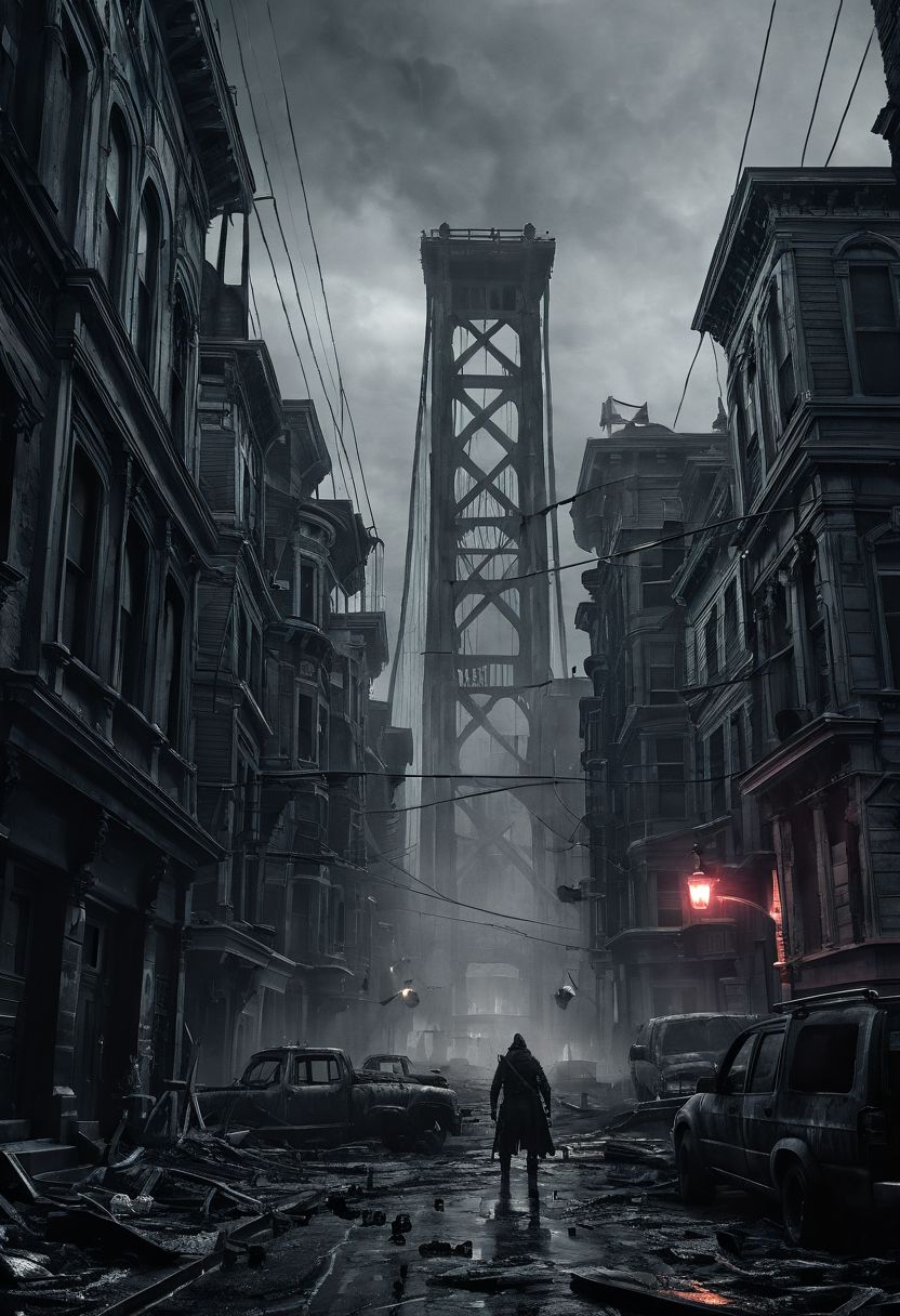 score_9, score_8_up, score_7_up, BREAK
Post apocalyptic San Francisco, realistic, best quality, horror, ral-chrosc-bw, Bloodborne, Style-Volumetric, CS-RBW