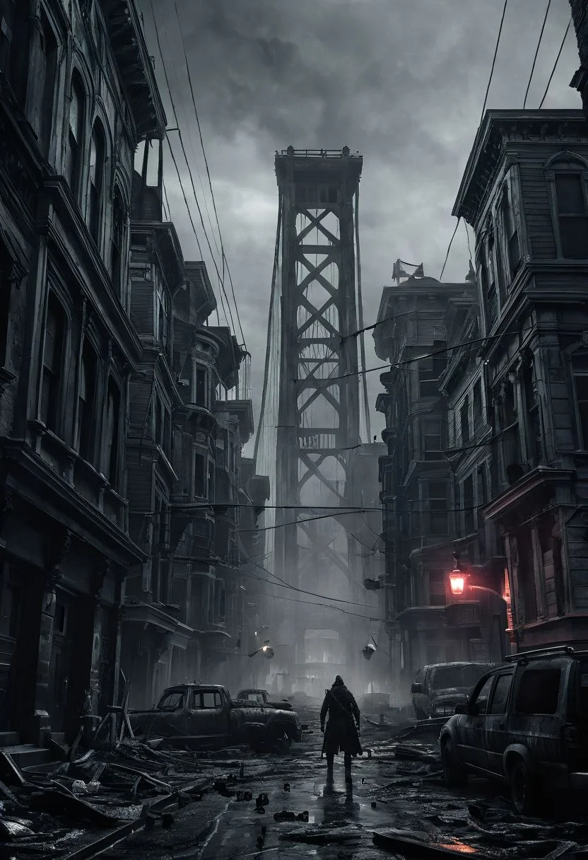 score_9, score_8_up, score_7_up, BREAK
Post apocalyptic San Francisco, realistic, best quality, horror, ral-chrosc-bw, Bloodborne, Style-Volumetric, CS-RBW
