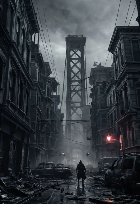 score_9, score_8_up, score_7_up, BREAK
Post apocalyptic San Francisco, realistic, best quality, horror, ral-chrosc-bw, Bloodborne, Style-Volumetric, CS-RBW