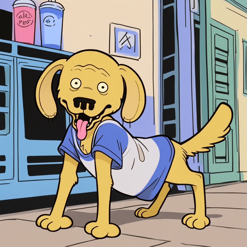 <lora:Stogie_Mission_Hilll:1.4>mh_stogie, yellow_dog, unibrow, bags_under_eyes, tail, tongue, looking at viewer, full_body,, source_cartoon, score_9, score_8_up, score_7_up,