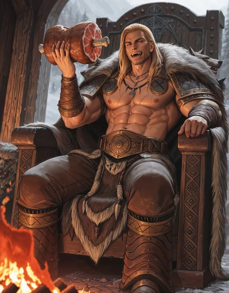 masterpiece, best quality,high quality, newest, highres,8K,HDR,absurdres, dynamic angle, realistic, 1boy, iLLemanR40K, solo, fangs, necklace, abs, Viking outfit, pelts, sitting on a throne, holding a haunch of meat, Viking hall, large bonfire, <lora:iLLemanR40K:1>