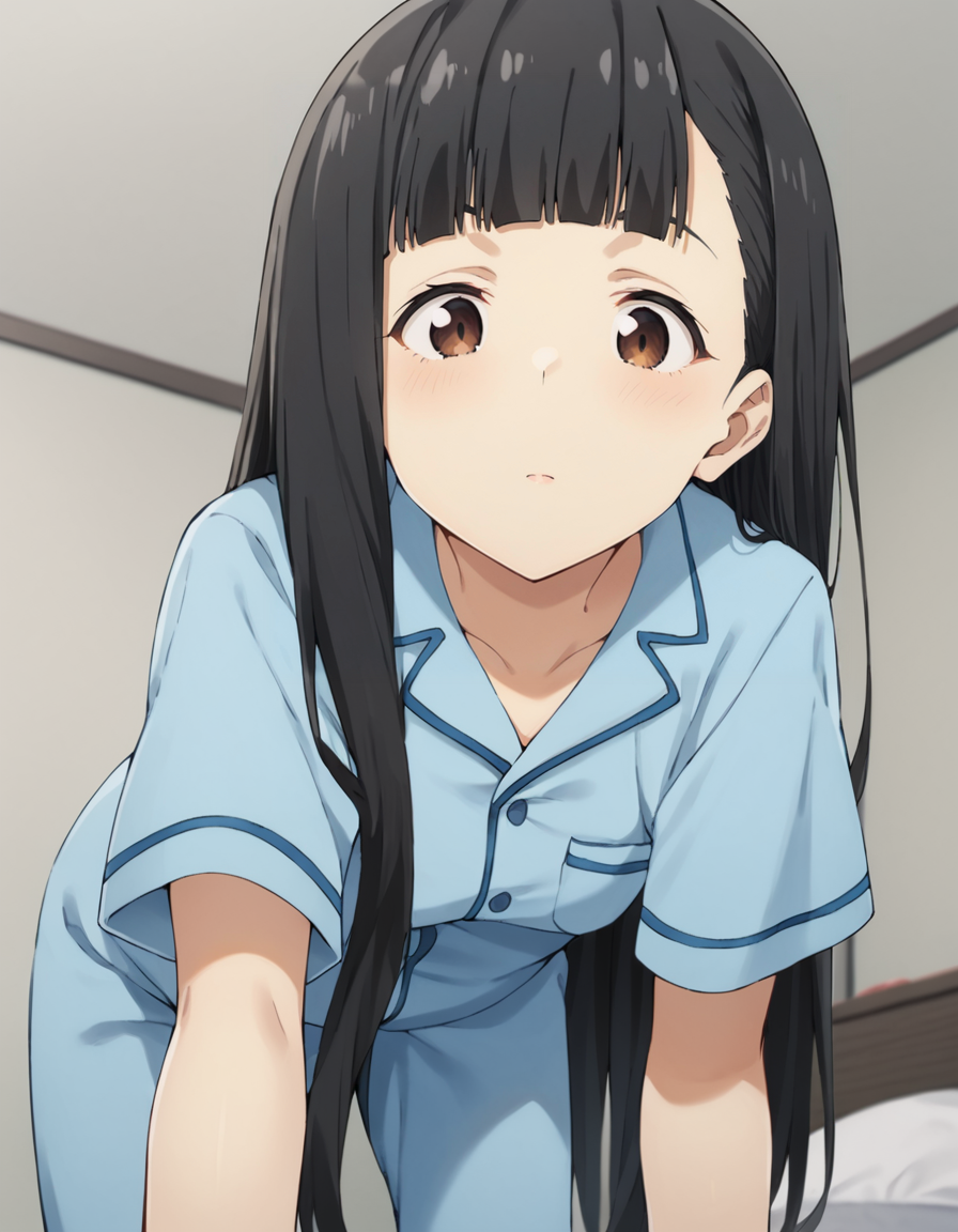score_9, score_8_up, score_7_up, source_anime, BREAK
1girl, solo, looking at viewer, indoors, on bed, sleeping, night time, leaning forward, ceiling,
kaju nukumizu, long hair, black hair, blunt bangs, brown eyes, all fours, from below,
pajamas, collarbone, blue shirt, short sleeves, blue pants,
<lora:kaju_nukumizu_anime_v2-soralz:0.9>