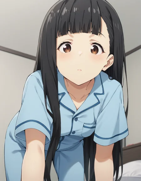score_9, score_8_up, score_7_up, source_anime, BREAK
1girl, solo, looking at viewer, indoors, on bed, sleeping, night time, leaning forward, ceiling,
kaju nukumizu, long hair, black hair, blunt bangs, brown eyes, all fours, from below,
pajamas, collarbone, blue shirt, short sleeves, blue pants,
<lora:kaju_nukumizu_anime_v2-soralz:0.9>
