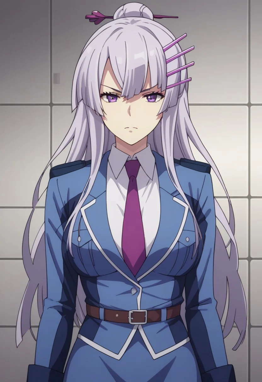 score_9, score_8_up, score_7_up, source_anime, highly detailed,
Froleytia, 1girl, solo, necktie, standing, skirt, belt, collared shirt, long hair, hair ornament, shirt, purple necktie, bangs, blue skirt, closed mouth, jacket, looking at viewer, long sleeves, purple eyes, blue jacket, upper body, breasts,
indoor,