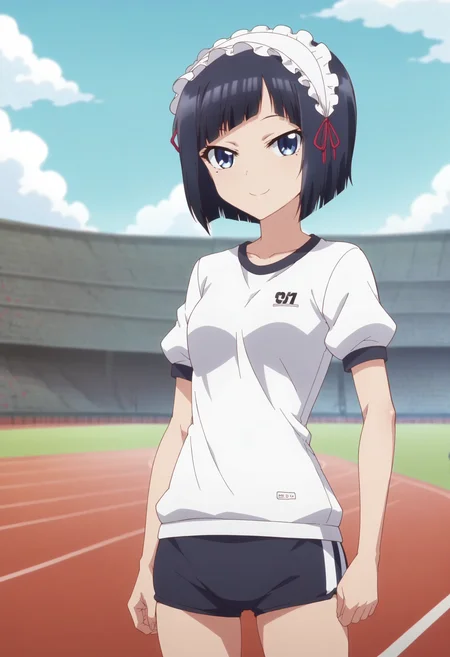 score_9, score_8_up, score_7_up, score_6_up, score_5_up, score_4_up , anime coloring ,BREAK source_anime, anime,screencap,
1girl, solo, miyukik, headdress, gym uniform, white gym shirt, gym shorts, <lora:PonyXL Miyuki Kujou V2:1>
outdoors, track field,
smile, looking at viewer,