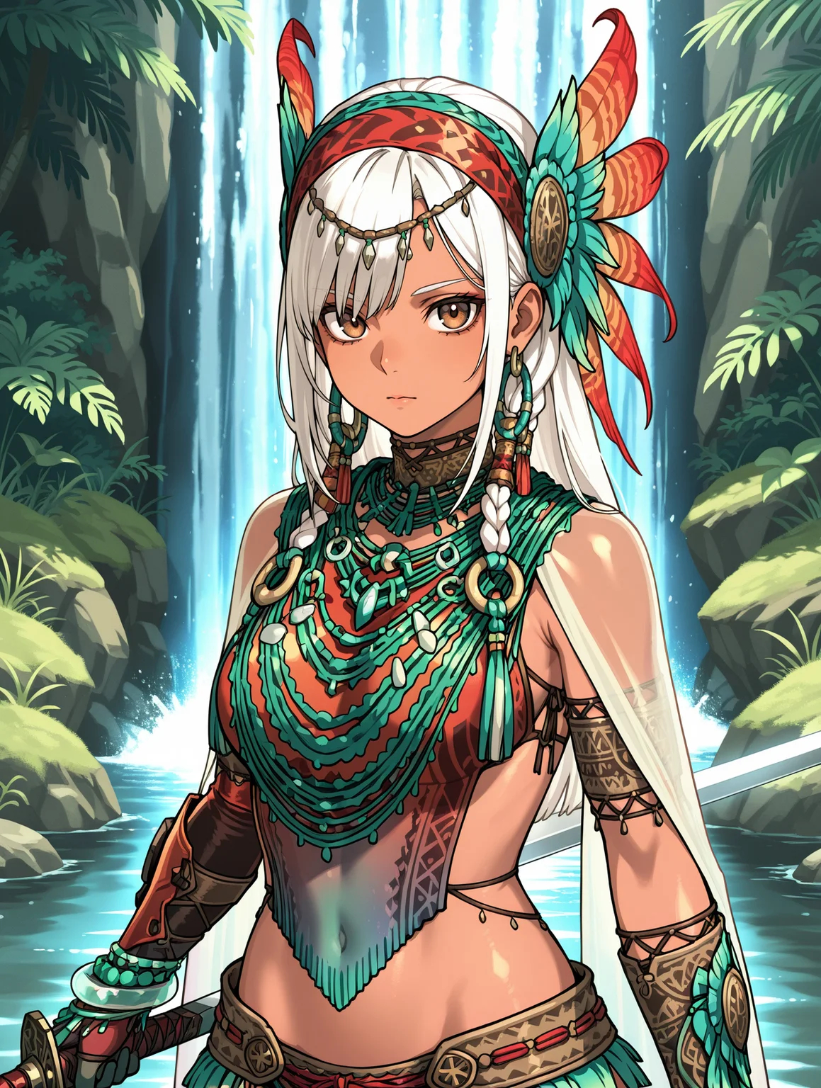 uth duna female armor, 1girl, orange feather headdress, green loincloth, orange halterneck, orange asymmetrical gloves, see-through long sleeves, tribal earrings, waterfall, upper body, holding sword, white hair, brown eyes, solo, nature,looking at viewer,
masterpiece,best quality,amazing quality,very aesthetic,absurdres,newest,<lora:Uth Duna Armor illuXL v1.4:0.77>,<lora:wai-2Rectified-V140:0.7>,
