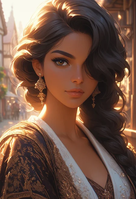 score_9, score_8_up, score_7_up, score_6_up, 1girl, solo, dark hair, tan skin, medieval town, arrogant, proud, elegant, fancy clothing, intricate clothes, close up, looking at viewer, sunlight, hair over on eye, front view,