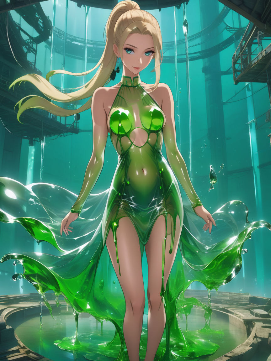 anime artwork professional photograph of a beautiful woman wearing a dripping Spring Green (liquid dress) standing in a sexy pose in wrecksite, <lora:xl_liquid_dress-1.0:0.8>, (see-through clothes, naked, nipples, no bra,)
Fish-Eye Lens, from above, [full body],
scared,
Sleek Ponytail,
Ash Blonde hair, . anime style, key visual, vibrant, studio anime,  highly detailed