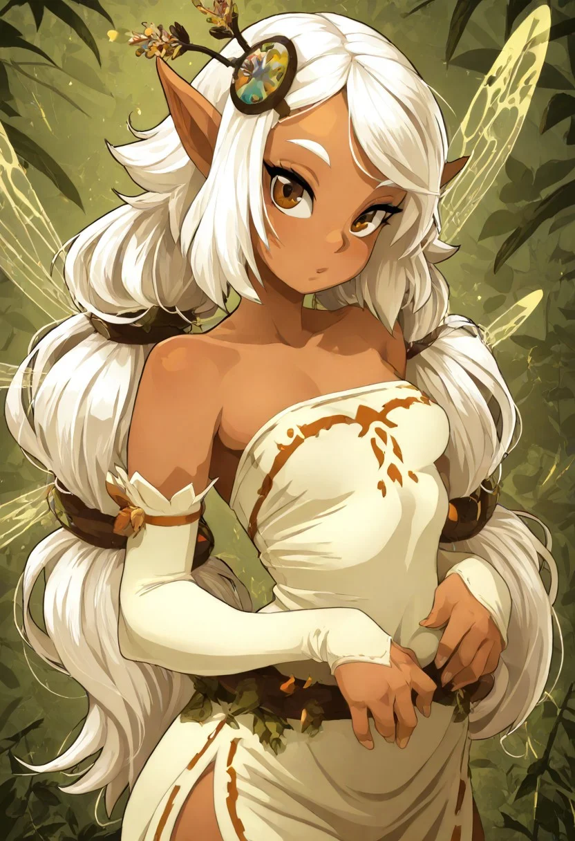 (WakfuMMOArt, black outlines, thick outlines, upper body only), 1girl, solo girl, EniripsaDG, brown eyes, pointy ears, dark-skinned female, white hair, long hair, fairy wings, detached sleeves, hair ornament, tube top, toeless legwear, dress, curvy body, semi plump, masterpiece, best quality, very aesthetic,