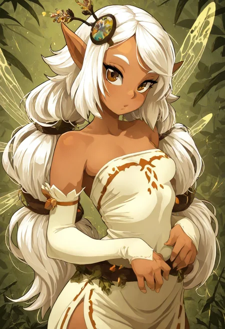 (WakfuMMOArt, black outlines, thick outlines, upper body only), 1girl, solo girl, EniripsaDG, brown eyes, pointy ears, dark-skinned female, white hair, long hair, fairy wings, detached sleeves, hair ornament, tube top, toeless legwear, dress, curvy body, semi plump, masterpiece, best quality, very aesthetic,