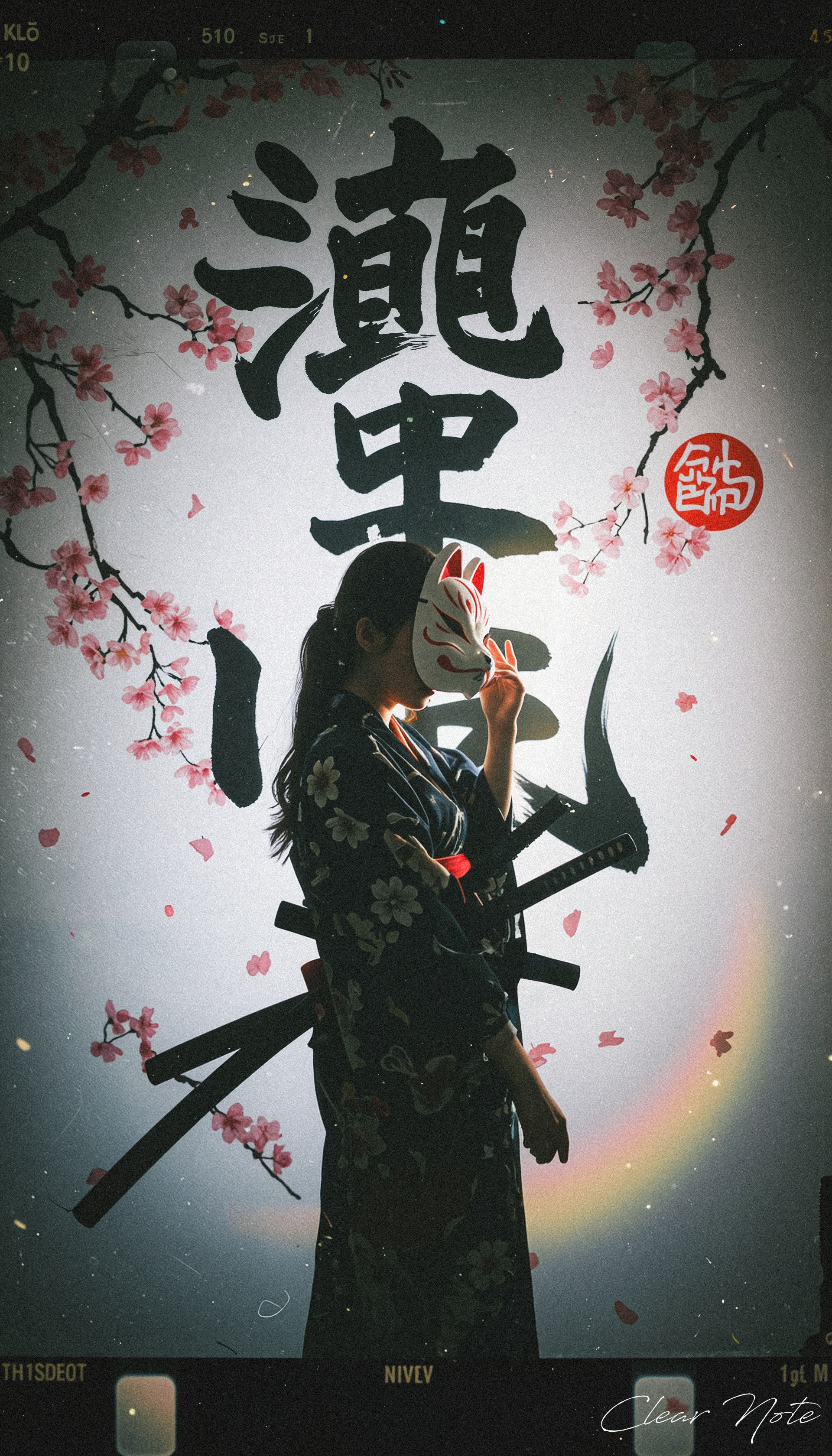 Japanese Culture Style, Emotional Photos, 35mm film, Young Japanese Woman, Reflection of light, Wearing a fox mask, Hold the katana, kanji,