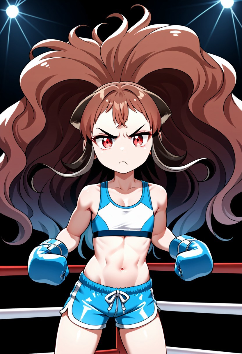 score_9, score_8_up, score_7_up, score_6_up, score_5_up, score_4_up,, 1girl, solo, original anime,
Koorimoto Male, Very Long Hair, Wavy Brown Hair, Short Bangs, Wavy Hair, Two-Tone Hair, Giant Ears, Flat Chest (Red Eyes: 1.2), Short, Light Blue Sports Bra, Light Blue Biker Shorts, Dark Blue Boxing Gloves, Sleeveless, Abdomen
Standing, In the Middle of a Wrestling Ring, Fighting Pose, Annoyed, Serious, Hateful Glare, looking at the viewer