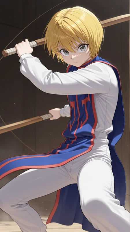 masterpiece, best quality, amazing quality, 1boy, solo, <lora:IlluKurapika:1> illukurapika, blonde hair, short hair, grey eyes, white pants, white long sleeves, tabard, red trim, fighting stance, holding weapon, dual wielding, wooden sword,