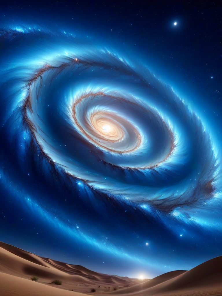 galaxy, (masterpiece), (extremely intricate:1.3), (realistic),a scene of a desert at night, in the sky a blue spiral galaxy, realistic, 4k, masterpiece