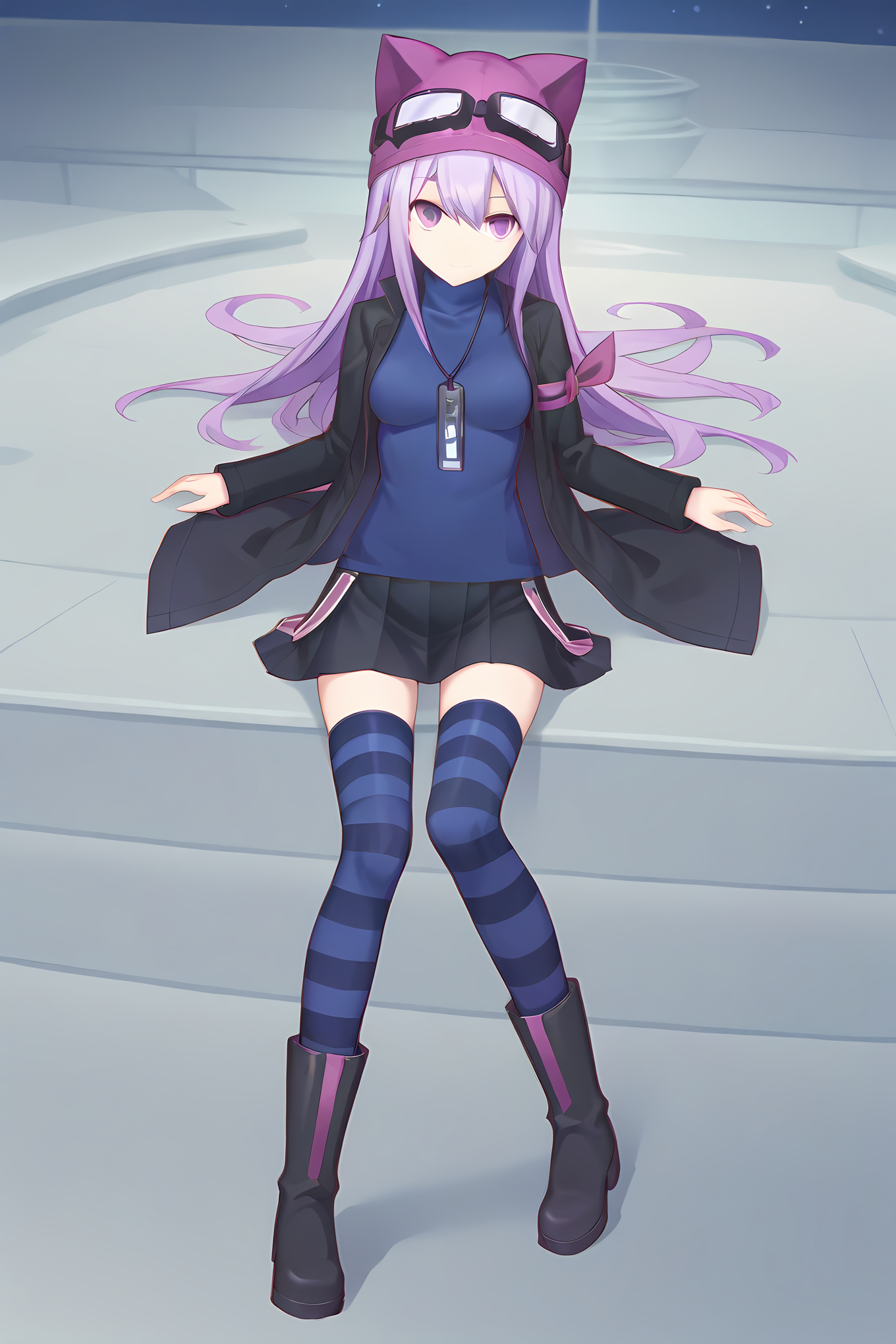 (black jacket blue shirt black skirt striped thighhighs armband black boots), dsc-sayo, purple hair, purple eyes, purple animal hat, goggles on head, medium breasts, 1girl, solo, skinny, score_9, score_8_up, score_7_up, score_6_up, score_5_up, source_anime, light smile, night sky, (1.3::full body|sitting|standing|lying|straight-on|0.6::close-up| :1.20), feet, <lora:dsc-sayo-V01-000004:1.00>