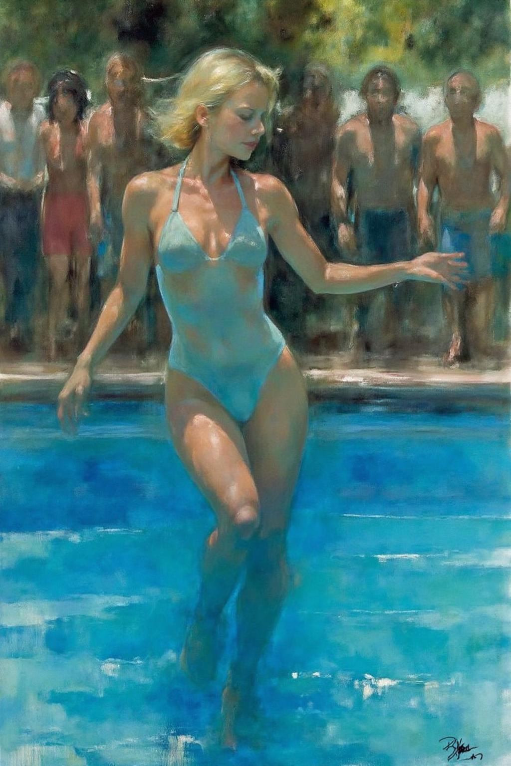 painting. A blonde woman dancing at a poolside party. She wears a light blue one piece swimsuit. <lora:billbate1_cap_d8a4e12:1.0><lora:852808235189547175:0>