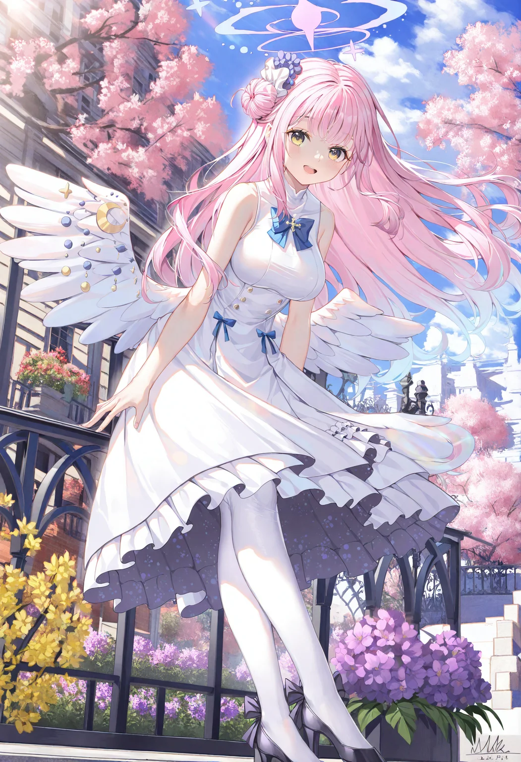 mika \(blue archive\), 1girl, wings, pink hair, halo, solo, dress, angel wings, white wings, low wings, feathered wings, flower, pantyhose, purple flower, long hair, white dress, outdoors, hair bun, single side bun, yellow eyes, white pantyhose, black footwear, looking at viewer, smile, high heels, wing ornament, railing, breasts, sleeveless dress, tree, sleeveless, hair ornament, pink halo, blue bow, open mouth, full body, sky, signature, blue sky, bow, against railing, pumps, blue bowtie, day, hair flower, building, large breasts, frills, cloud, scrunchie, frilled dress, cherry blossoms, on railing, ribbon, footwear bow, crescent, frilled ribbon, leaning forward,
masterpiece,best quality,newest,absurdres,highres,very awa,<lora:alguang1_noob1.1-000178:0.8>,