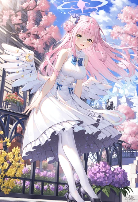 mika \(blue archive\), 1girl, wings, pink hair, halo, solo, dress, angel wings, white wings, low wings, feathered wings, flower, pantyhose, purple flower, long hair, white dress, outdoors, hair bun, single side bun, yellow eyes, white pantyhose, black footwear, looking at viewer, smile, high heels, wing ornament, railing, breasts, sleeveless dress, tree, sleeveless, hair ornament, pink halo, blue bow, open mouth, full body, sky, signature, blue sky, bow, against railing, pumps, blue bowtie, day, hair flower, building, large breasts, frills, cloud, scrunchie, frilled dress, cherry blossoms, on railing, ribbon, footwear bow, crescent, frilled ribbon, leaning forward,
masterpiece,best quality,newest,absurdres,highres,very awa,<lora:alguang1_noob1.1-000178:0.8>,