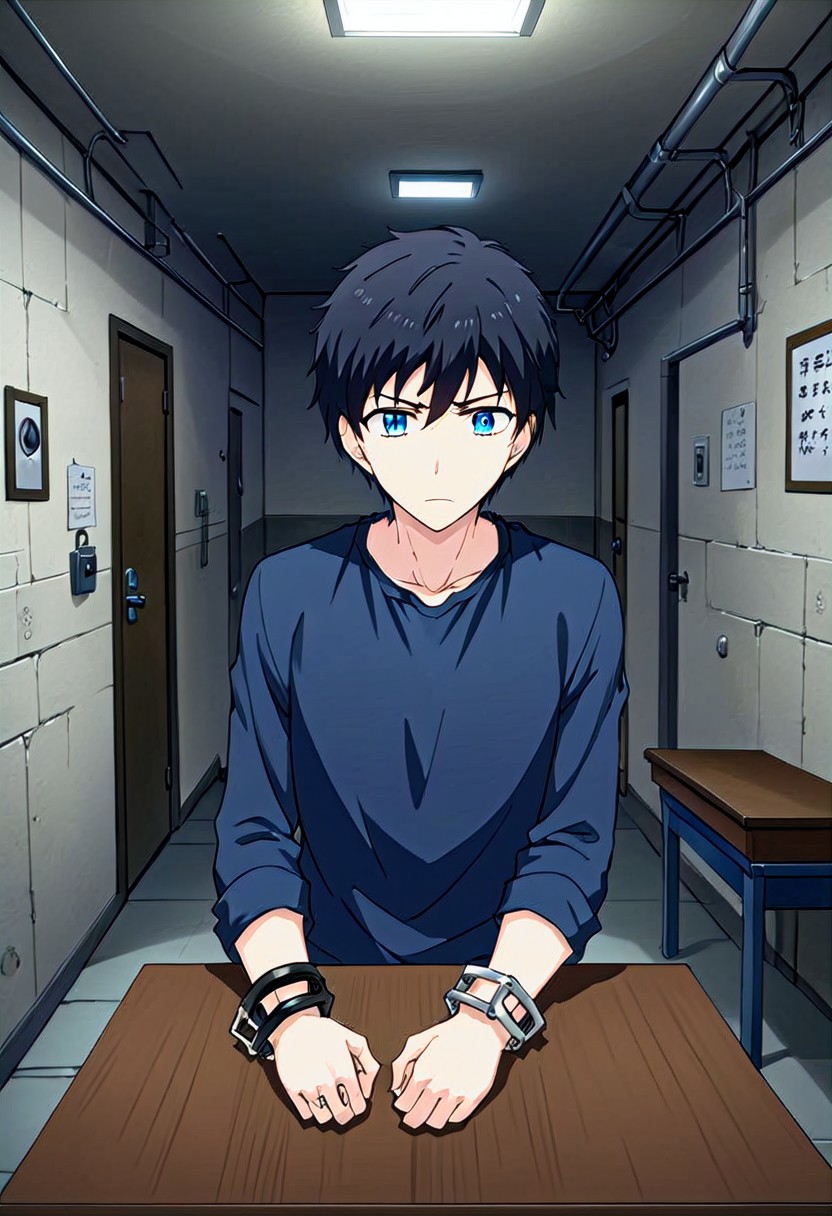 high resolution, solo, best quality, 1Boy, Arata Kaziaki, Black Hair, Blue Eyes, handcuff, introgation room, table, basement, fugitive,
