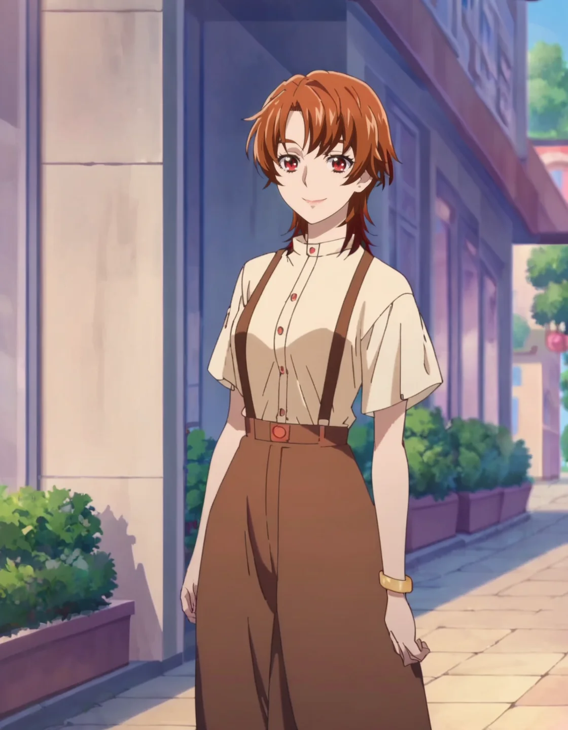 score_9, score_8_up, score_7_up, anime screencap, solo,1girl,natsukirin, 1girl, solo, skirt, suspenders, smile, looking at viewer, jewelry, shirt, long skirt, short sleeves, bracelet, brown skirt,cowboy shot,medium breasts<lora:natsukirin:0.8>,