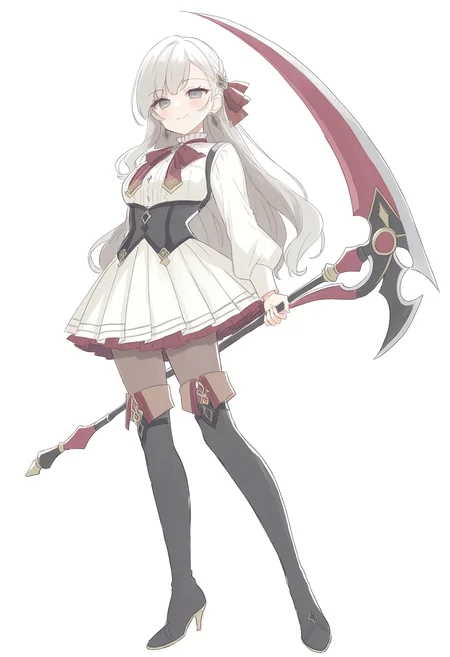 masterpiece,best quality, nagi, <lora:nagi_IllustriousXL_v1.0:1>, upper body, simple background, white background, 1girl, black footwear, boots, closed mouth, earrings, full body, grey eyes, grey hair, jewelry, long hair, long sleeves, looking at viewer, neck ribbon, puffy long sleeves, puffy sleeves, red ribbon, ribbon, shirt, skirt, smile, solo, thigh boots, very long hair, white shirt, white skirt, blush, hair ornament, hair ribbon, high heels, holding, holding scythe, medium breasts, pantyhose, pleated skirt, standing