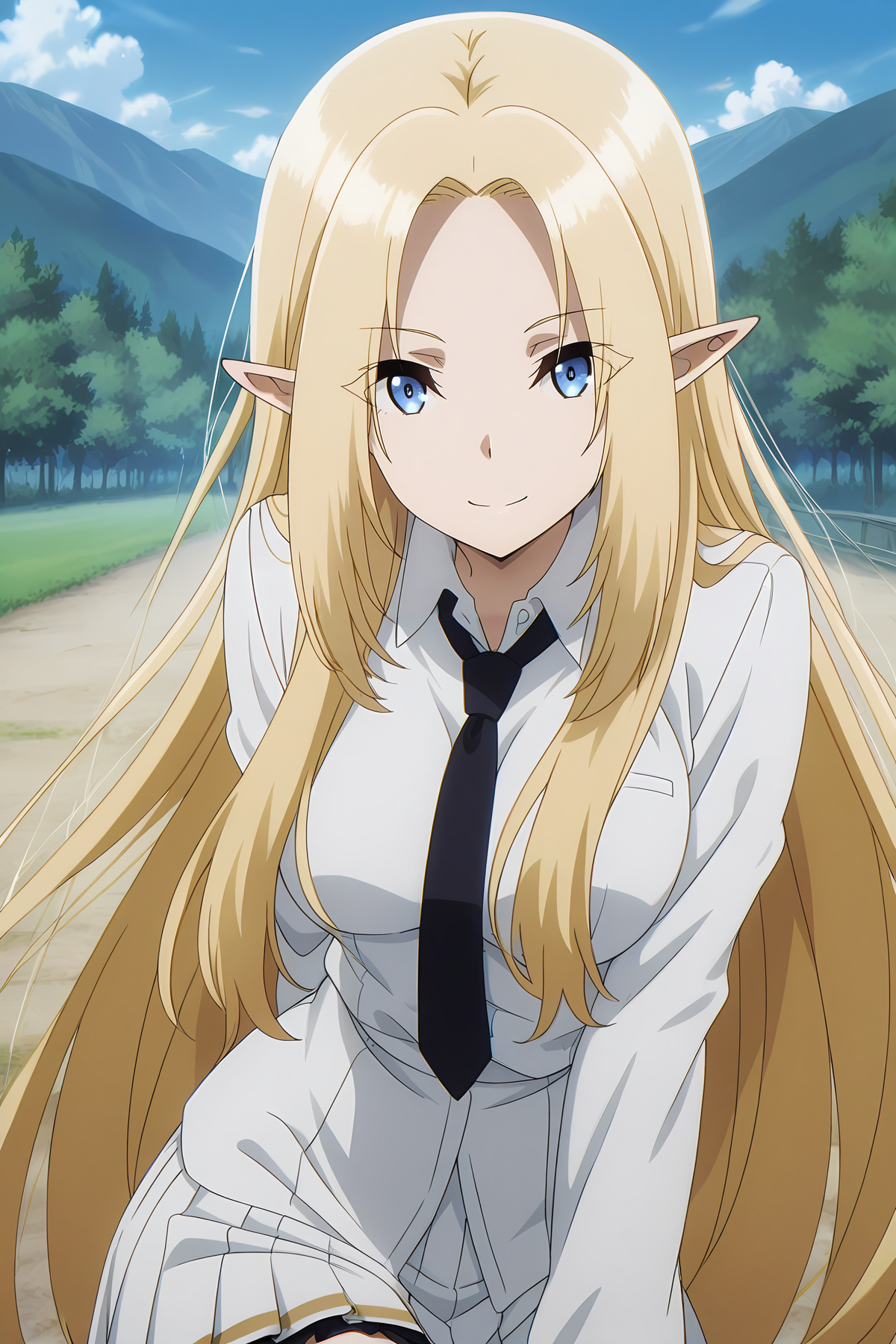 absurdres, highres, masterpiece, best quality, amazing quality, official anime artwork, screencap, anime screencap, outdoors, looking at viewer, smile, dynamic pose,
 <lora:Alpha_Illustrious:1> Alpha, 1girl, solo, blonde hair, blue eyes, parted bangs, sidelocks, elf, pointy ears, medium breasts, skinny, long hair, very long hair,, school uniform, white shirt, collared shirt, closed mouth, upper body, black necktie, eyes visible through hair, long sleeves, pleated skirt, white skirt, white socks,