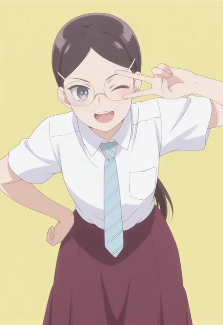 anime screencap, anime coloring, <lora:DX888RikaIL:1> sonezaki rika, grey eyes, black hair, long hair , ponytail, parted bangs, hairclip, BREAK simple background, yellow background,  BREAK  glasses, school uniforme, white shirt, striped necktie, skirt,  BREAK     1girl, ;d, hand on own hip,  leaning forward, looking at viewer, one eye closed, open mouth, smile, solo, standing, v, v over eye,