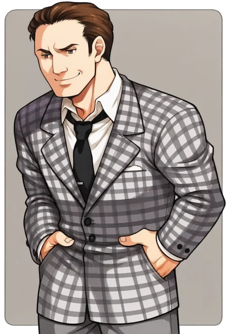 score_9, score_8_up, score_7_up, source_anime BREAK
<lora:zs_FE9PortraitsXL:1> fe9portraits, solo, cowboy shot, simple background, 1boy, male focus, hands on hips, smile
<lora:benny-fnv-richy-v1_pdxl:1> benny, brown hair, short hair, checkered suit, black necktie, grey pants