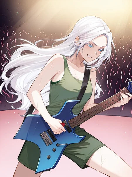 (masterpiece), (best quality), (ultra-detailed), (best illustration), (best shadow), (absurdres), (very aesthetic), 1girl, solo, <lora:Dahlia-éä¸:1>, dahlia-emp, silver hair, azure eyes, long hair, <lora:B.C.Rich_Warlock_guitar_Concept_for_Illustrious:1>, w4rl0ck, instrument, electric guitar, holding instrument, playing instrument, holding plectrum, stage, green shorts, green tank top, sweat, clenched teeth, smile, blue makeup