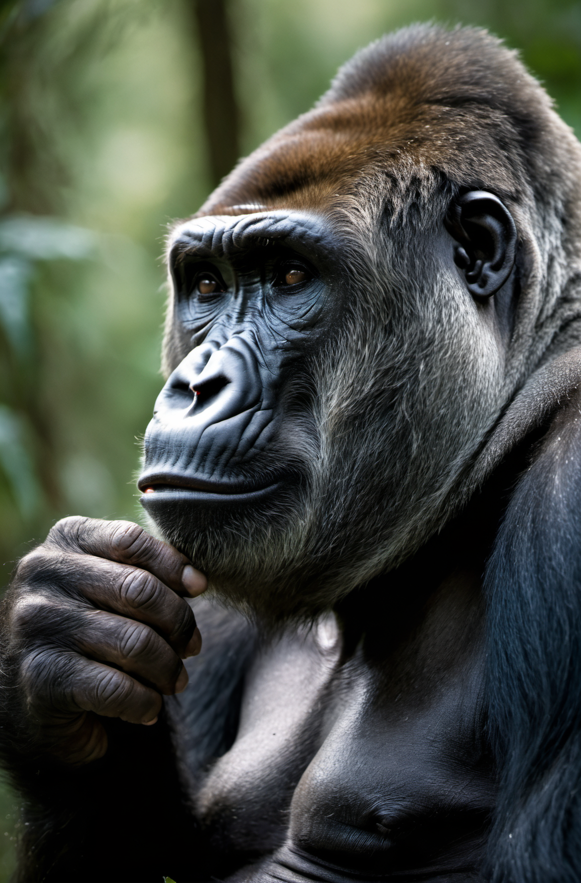 award winning wildlife (medium long shot:1.4), 35mm film movie still, ultra photorealistic, photorealism, (upper profile) shot of a defeated old Gorilla in pain with the (sunken head:1.4) mourning (looking depressed down:1.2), (glossy eyes) cinestill, film grain, taken with hasselblad H6D 100c, the HCD 24mm lens, hazy mood, cinematic dramatic lighting, cold muted colors, (DOF:1.4), (dark lush jungle background), sharp focus, (perfect real extremely details), amazing fine detail, absurdres, hyper realistic lifelike texture, dramatic lighting