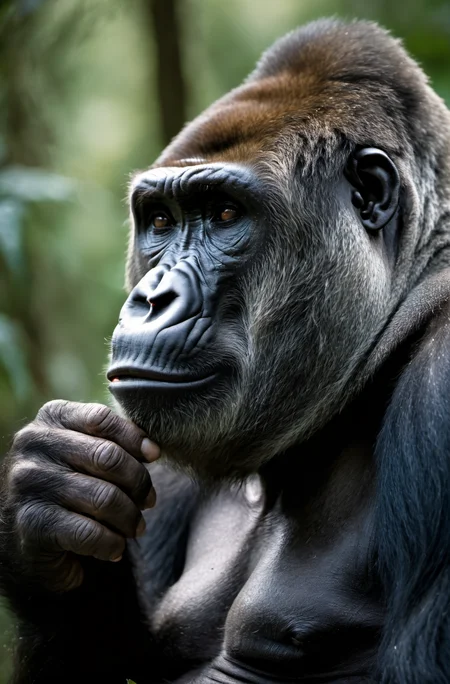 award winning wildlife (medium long shot:1.4), 35mm film movie still, ultra photorealistic, photorealism, (upper profile) shot of a defeated old Gorilla in pain with the (sunken head:1.4) mourning (looking depressed down:1.2), (glossy eyes) cinestill, film grain, taken with hasselblad H6D 100c, the HCD 24mm lens, hazy mood, cinematic dramatic lighting, cold muted colors, (DOF:1.4), (dark lush jungle background), sharp focus, (perfect real extremely details), amazing fine detail, absurdres, hyper realistic lifelike texture, dramatic lighting