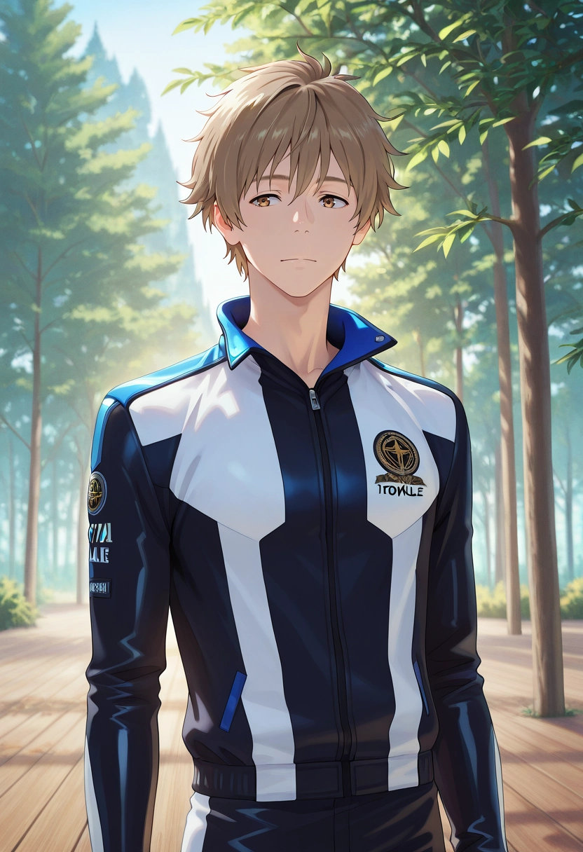 masterpiece, best quality, , semi-realistic, , 1boy, solo, male focus, <lora:shun_hashimoto_ilxl:0.9>, shun_hashimoto, brown hair, brown eyes, short hair, forest palace, tree towers, leaf halls, wooden courts, royal pose, majestic expression, morning, biker costume