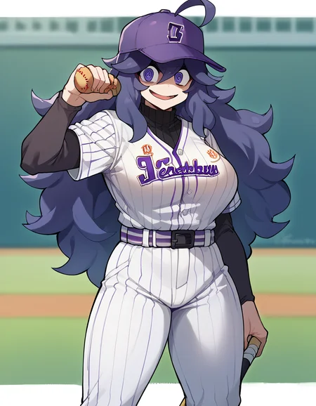 score_9, score_8_up, score_7_up, source_anime, <lora:hex-maniac-ponyxl-lora-nochekaiser:1> hex maniac, hairband, messy hair, purple eyes, purple hair, purple hairband, @ @, large breasts,, <lora:baseball-uniform-ponyxl-lora-nochekaiser:1> baseball uniform, baseball, striped belt, shirt under shirt, sportswear, ribbed shirt, baseball helmet, baseball bat, baseball jersey, baseball field, holding baseball bat,, , cowboy shot,