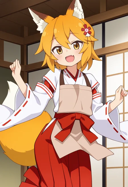 masterpiece, 1girl, ct_s3nko, short hair, blonde hair, yellow eyes, fox ears, fox tail, hair flower, kimono, ribbon trim, brown apron, wide sleeves, detached sleeves, red hakama,  indoors, cowboy shot, looking at viewer, jumping, happy, <lora:Senko_Illus_ct:1>
