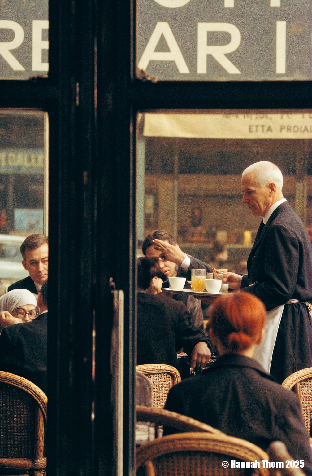 The image captures a scene within a Parisian café, viewed through a darkened vertical element, likely a door frame or window mullion. The focus is on a waiter, an older man with close-cropped white hair, dressed in a dark suit jacket and white apron, holding a tray laden with drinks and cups. He appears to be serving a group of patrons seated at wicker chairs.   The patrons are less distinct, partially obscured by the foreground element and the soft focus of the image.  A woman with a light-colored head covering and glasses is visible in the lower left corner, seemingly absorbed in something she holds in her hands.  Other figures are present, including a man with dark hair who is partially obscured by the frame, and a woman with reddish hair who appears to be raising her hand to her face.  The overall style of the image evokes a candid, street photography aesthetic. The muted color palette, dominated by browns, grays, and dark tones, contributes to a vintage or nostalgic feel. The soft focus and grainy texture, along with the slightly blurred background, suggest that the photo might have been taken with a slower shutter speed, perhaps capturing a fleeting moment in the café's life.    The composition, with the dark vertical bar in the foreground partially obscuring the scene, creates a sense of depth and voyeurism, as if the viewer is catching a glimpse of a private moment.  The blurred background, including what appears to be signage or lettering on the wall behind the waiter, adds to the impression of a bustling, lively atmosphere.  The lighting is diffuse, likely natural light filtering into the café, contributing to the overall ambiance of the scene.  The style could be described as realistic, capturing the everyday life of a Parisian café in a naturalistic manner. <lora:_Flux\Saul_Leiter_Streetphotography.safetensors:1.0:1.0>