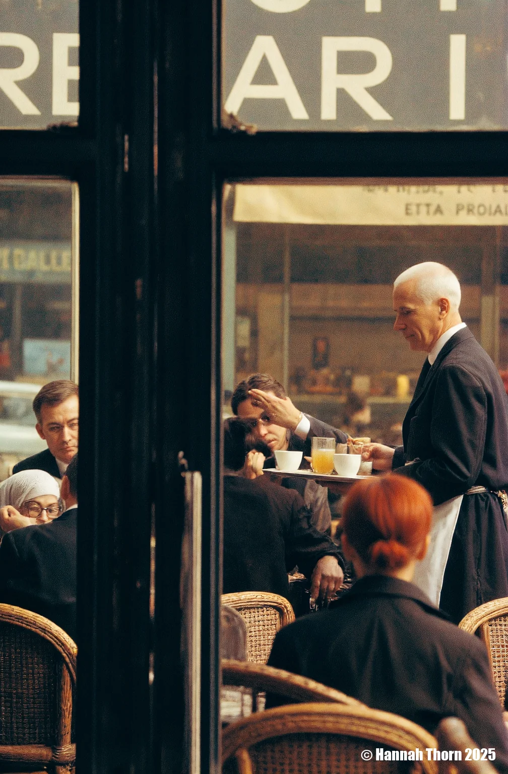 The image captures a scene within a Parisian café, viewed through a darkened vertical element, likely a door frame or window mullion. The focus is on a waiter, an older man with close-cropped white hair, dressed in a dark suit jacket and white apron, holding a tray laden with drinks and cups. He appears to be serving a group of patrons seated at wicker chairs. The patrons are less distinct, partially obscured by the foreground element and the soft focus of the image. A woman with a light-colored head covering and glasses is visible in the lower left corner, seemingly absorbed in something she holds in her hands. Other figures are present, including a man with dark hair who is partially obscured by the frame, and a woman with reddish hair who appears to be raising her hand to her face. The overall style of the image evokes a candid, street photography aesthetic. The muted color palette, dominated by browns, grays, and dark tones, contributes to a vintage or nostalgic feel. The soft focus and grainy texture, along with the slightly blurred background, suggest that the photo might have been taken with a slower shutter speed, perhaps capturing a fleeting moment in the café's life. The composition, with the dark vertical bar in the foreground partially obscuring the scene, creates a sense of depth and voyeurism, as if the viewer is catching a glimpse of a private moment. The blurred background, including what appears to be signage or lettering on the wall behind the waiter, adds to the impression of a bustling, lively atmosphere. The lighting is diffuse, likely natural light filtering into the café, contributing to the overall ambiance of the scene. The style could be described as realistic, capturing the everyday life of a Parisian café in a naturalistic manner. <lora:_Flux\Saul_Leiter_Streetphotography.safetensors:1.0:1.0>