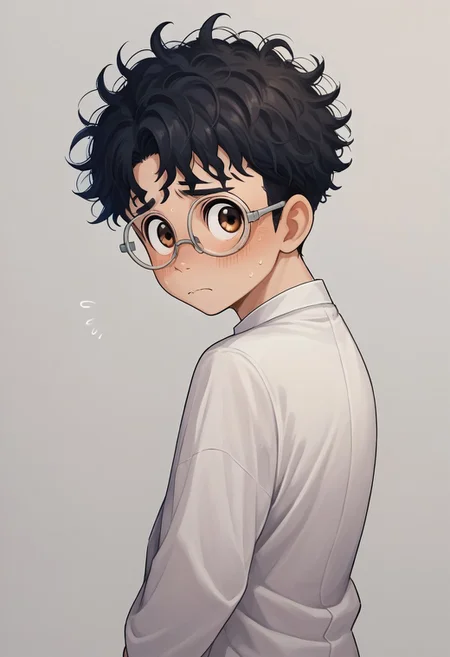 score_9, score_8_up, score_7_up, source_anime, highly detailed, young, 1boy, solo, cute boy, okarun, black hair, curly hair, brown eyes, glasses, school uniform, gakuran, back pants, shy, nervous