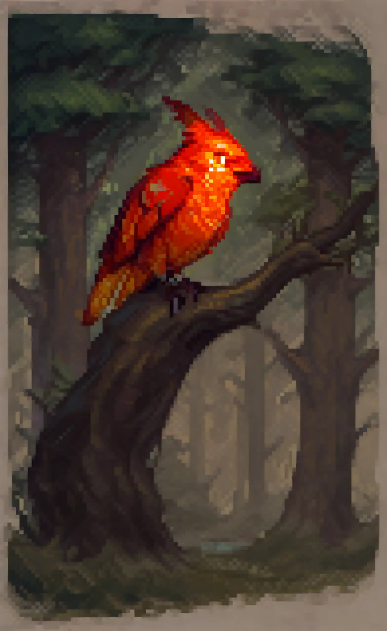feral, <lora:PhoenixDota2:0.9>, wings, colored skin, orange skin, bird, glowing, sketch, pixel, pixel_art, pixel-art, from_below, forest, simple_background,