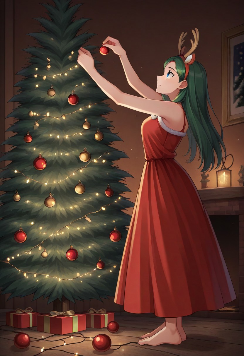 score_9, score_8_up, score_7_up, detailed face, detailed eyes, 1girl, solo, chr1stm4s, decorating, christmas ornaments, christmas tree, christmas, christmas lights, room,  christmas bauble, holding, red chirstmas dress, sideview, arms up, looking up, full body shot, fake deer horns,