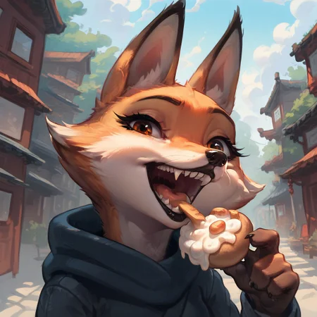 score_9, score_8_up, score_7_up, (best quality:1.1), ultra-detailed, high resolution, 1girl, Zhen, female, Corsac fox, Fur Gray and White, Sharp teeth, brown eyes, thick lips, Black lipstick, Beautiful eyes, Fox tail, Looking At Viewer, Sly smirk, Sweets, Eating sweets, Overeating Sweets, Very Overeaten, Extreme Detailed Background, The quality of ai art is frightening