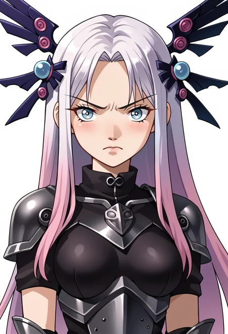 score_9, score_7_up, source_anime, BREAK <lora:zs_SoulHackersPortraitsXL:1> soulhackersportraits, portrait, white background,, serious, 1girl, white eyes, white hair, very long hair, parted hair, parted bangs, gradient hair, lilac hair, medium breasts, wing hair ornament, valkyrie, black bodysuit, armor, gauntlets, greaves, pink breastplate, grey armored skirt, armored dress, pink hues,