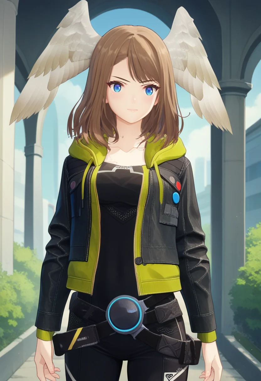 score_9, score_8_up, score_7_up, 1girl, solo, casual, leather jacket, black bodysuit, jacket buttons, belt, eunie, blue eyes, medium hair, head wings, outdoors<lora:eunie xl 065:1>