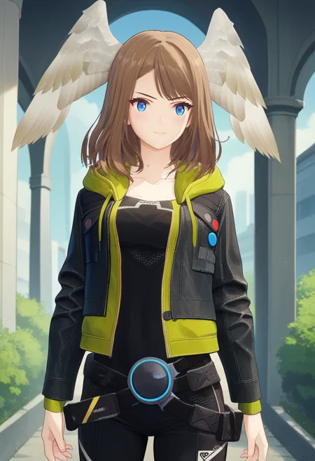 score_9, score_8_up, score_7_up, 1girl, solo, casual, leather jacket, black bodysuit, jacket buttons, belt, eunie, blue eyes, medium hair, head wings, outdoors<lora:eunie xl 065:1>