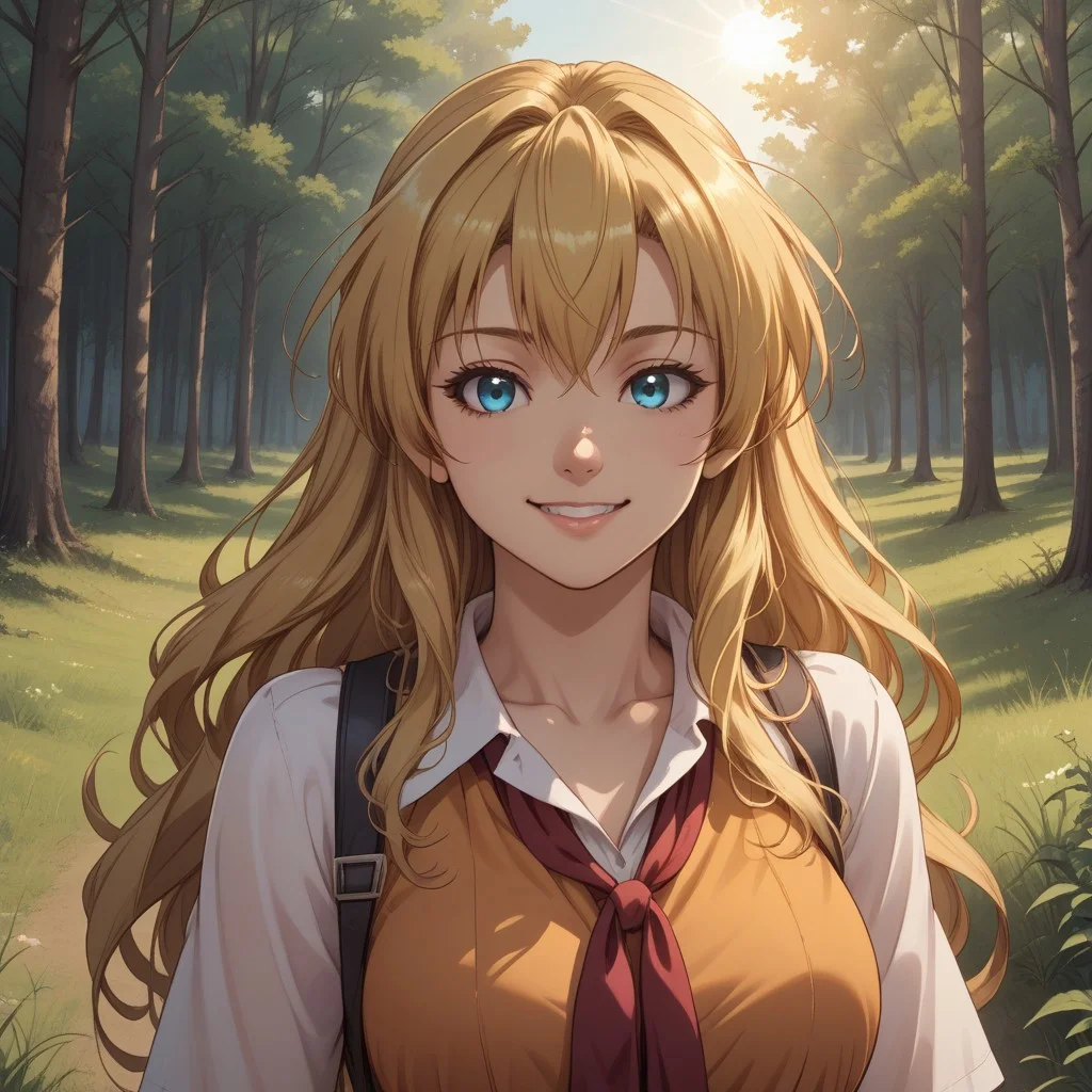score_9, score_8, BREAK, solo, Erika_Sendou_(Fortune_Arterial), blonde hair, long hair, blue eyes, cute, self portrait, smile, looking at viewer, outdoors, sunlight, shadows, evening lighting, natural lighting, forest, trees, grass, orange sky, sunset