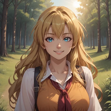 score_9, score_8, BREAK, solo, Erika_Sendou_(Fortune_Arterial), blonde hair, long hair, blue eyes, cute, self portrait, smile, looking at viewer, outdoors, sunlight, shadows, evening lighting, natural lighting, forest, trees, grass, orange sky, sunset
