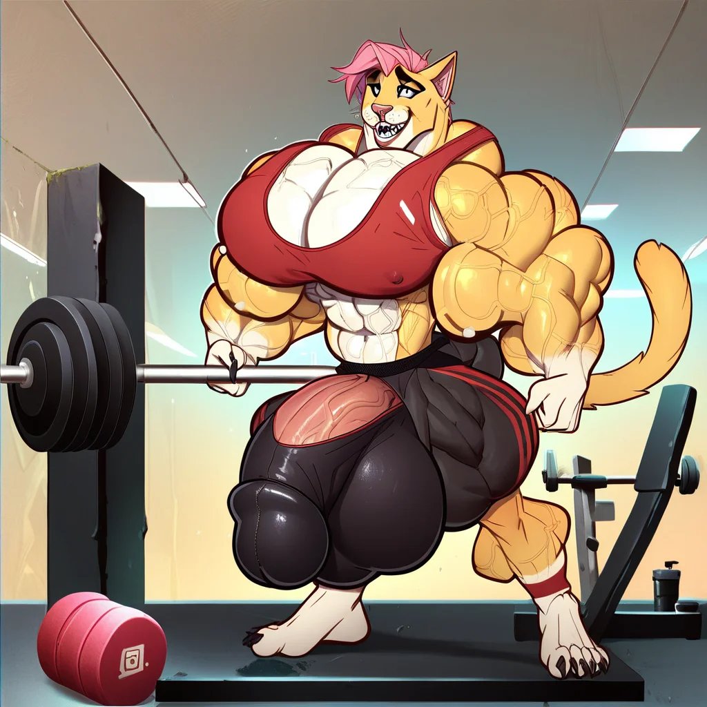socre_9, sscore_8_up, score_7_up, Furry, 1boy, cat boy, pink hair, extreme muscle, hyper pectorals, hyper pecs, hyper chest, broad shoulders, slim waist,Hyper muscles, extreme pectorals, hyper bulge, penis peek, wheightlifting, on gym, gym background